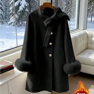 Elegant Black Women's Coat with Bow Detail Size XL